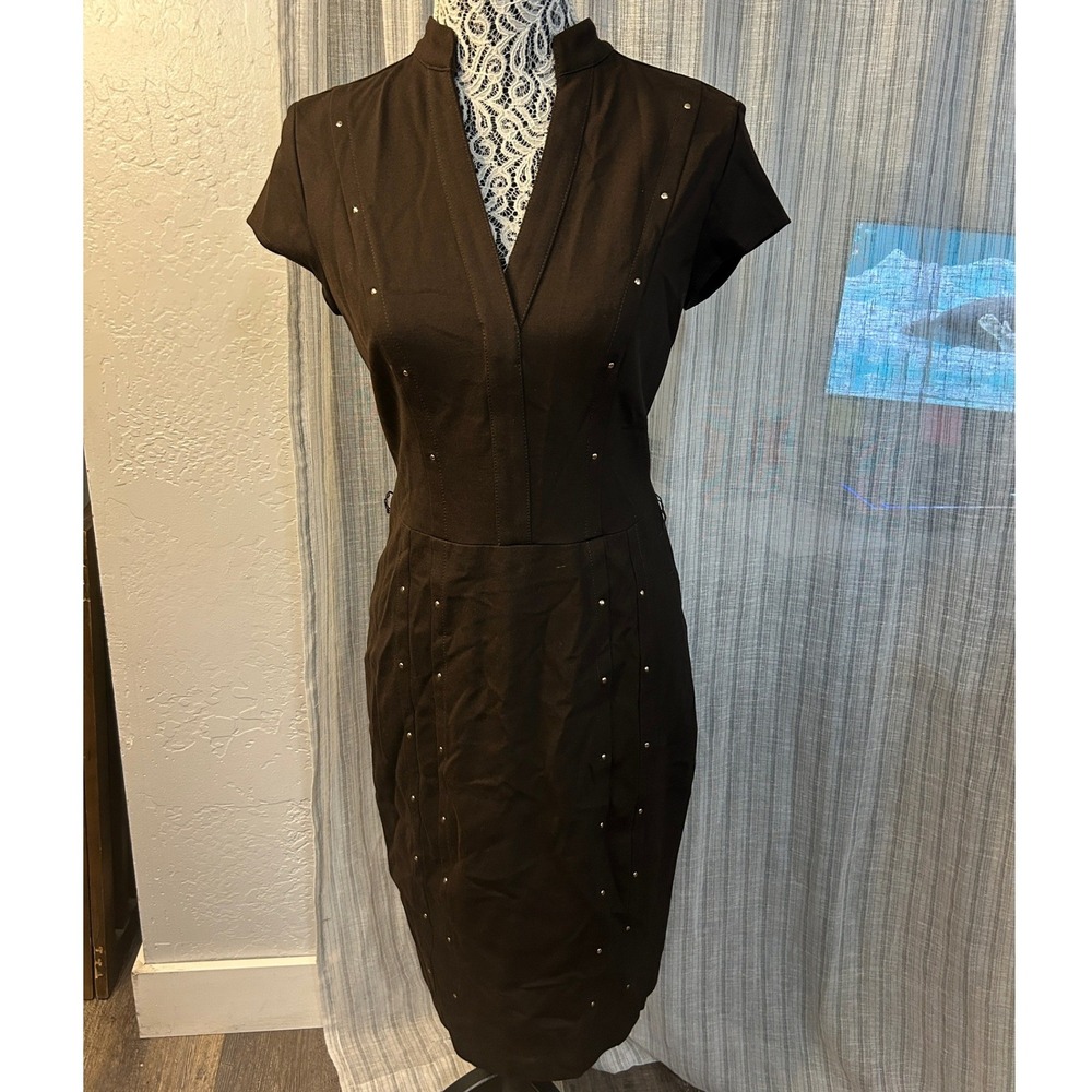 Fitted Sheath Dress Womens 8 Brown Studded Rhinestone V-Neck Cap Sleeve Cache